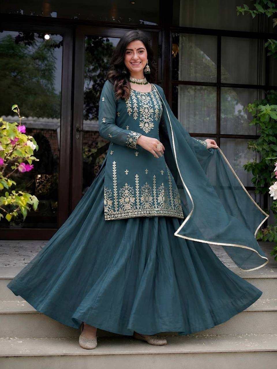 Exquisite Rama Green Peplum Kurti and Flared Skirt Set Adorned with Intricate Gold Zari Embroidery and a Matching Sheer Dupatta